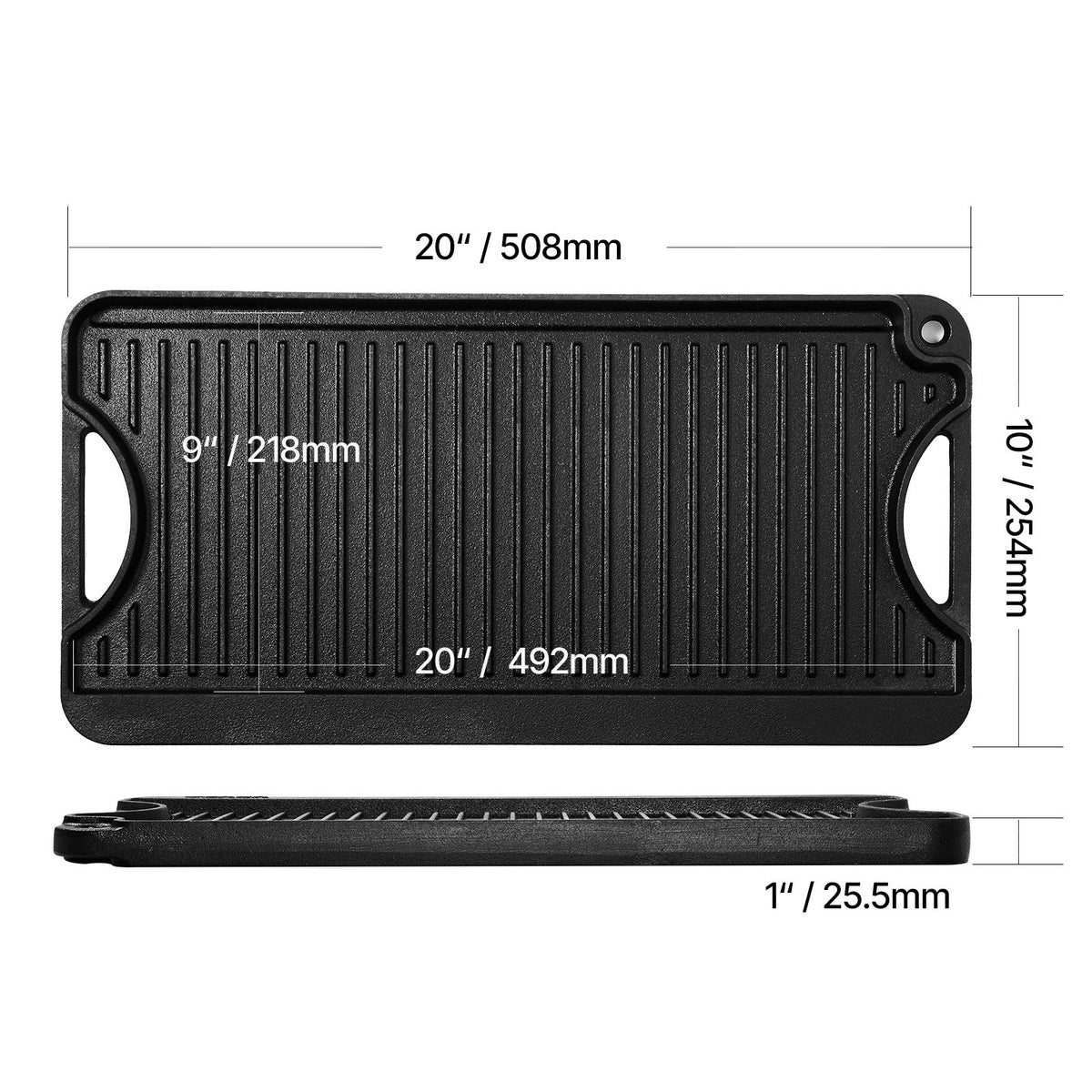 Reversible Grill/Griddle, 20x10 inch Pre-Seasoned Cast Iron Griddle, Portable Rectangular Pan with Handle, Family Cookware for Indoor/Outdoor Stove Top Burner, Gas, Camping BBQ, Black