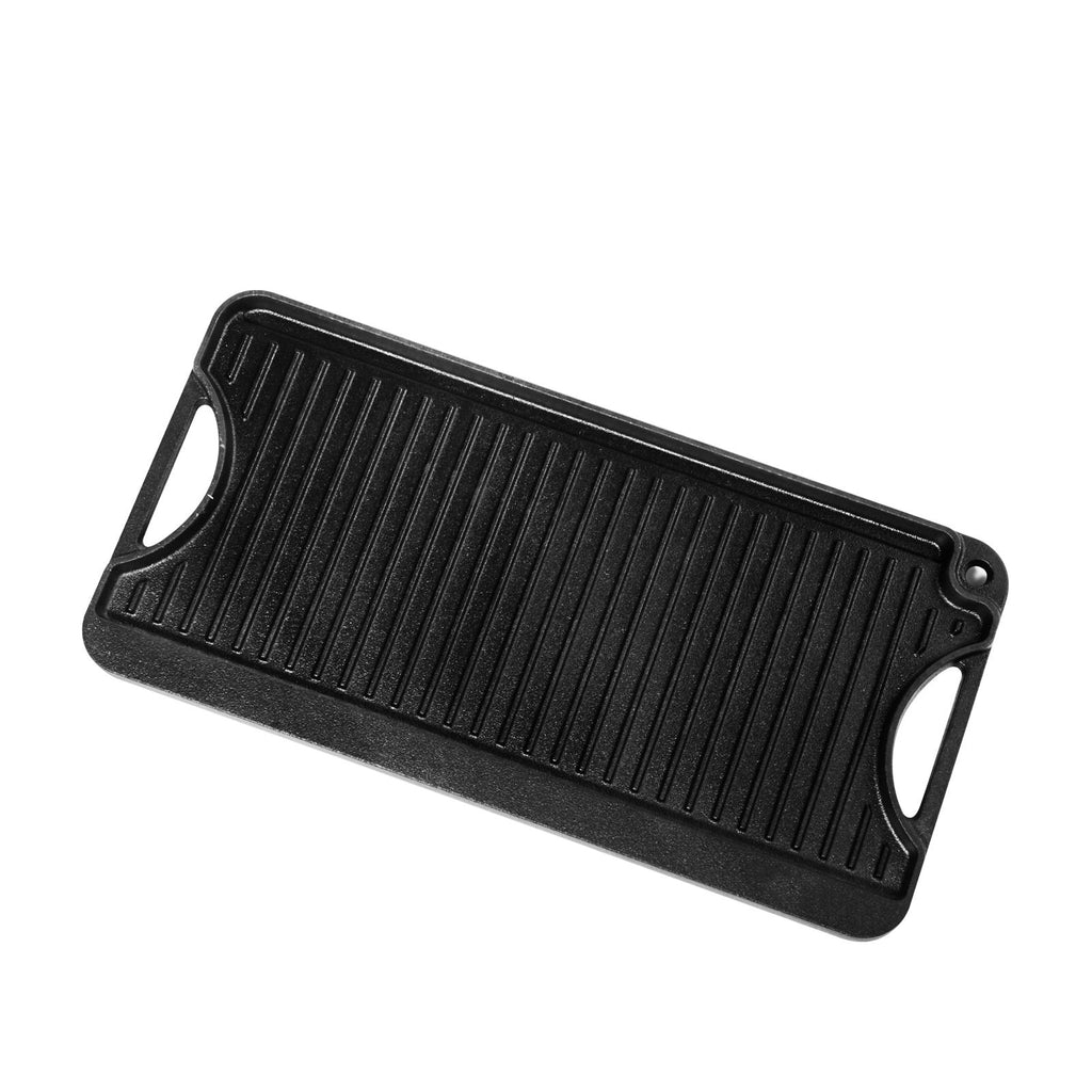 Reversible Grill/Griddle, 20x10 inch Pre-Seasoned Cast Iron Griddle, Portable Rectangular Pan with Handle, Family Cookware for Indoor/Outdoor Stove Top Burner, Gas, Camping BBQ, Black