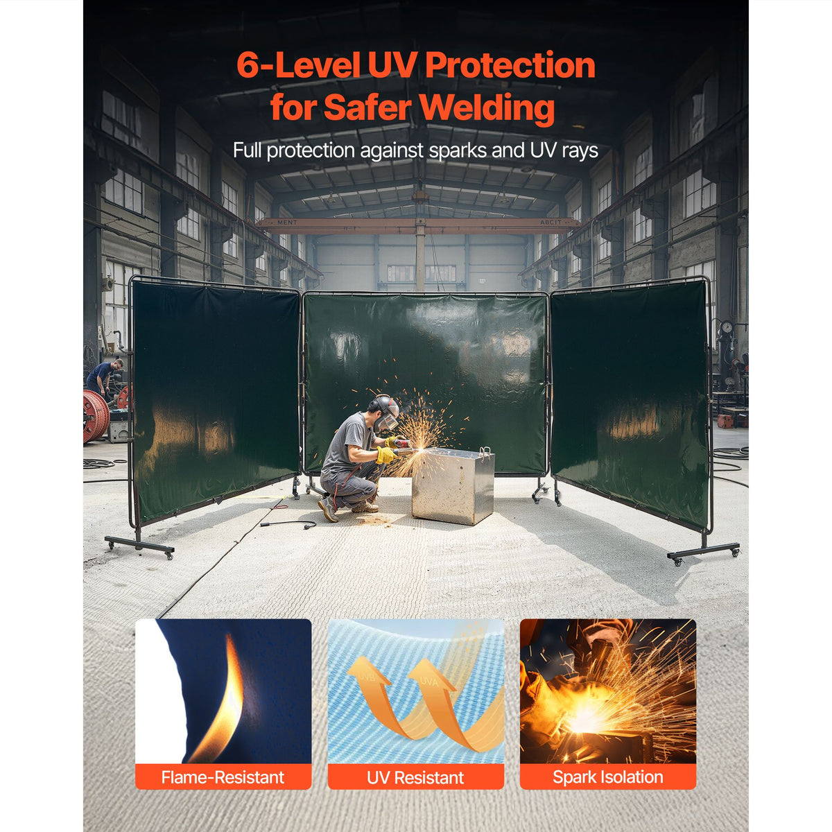 Welding Screen with Frame, 3-Panel 1.74 x 2.34m Welding Curtain Screen, Flame-Resistant Vinyl Protection Screens with 12 Wheels & 6-Level UV Protection for Workshop/Industrial Use, Dark Green