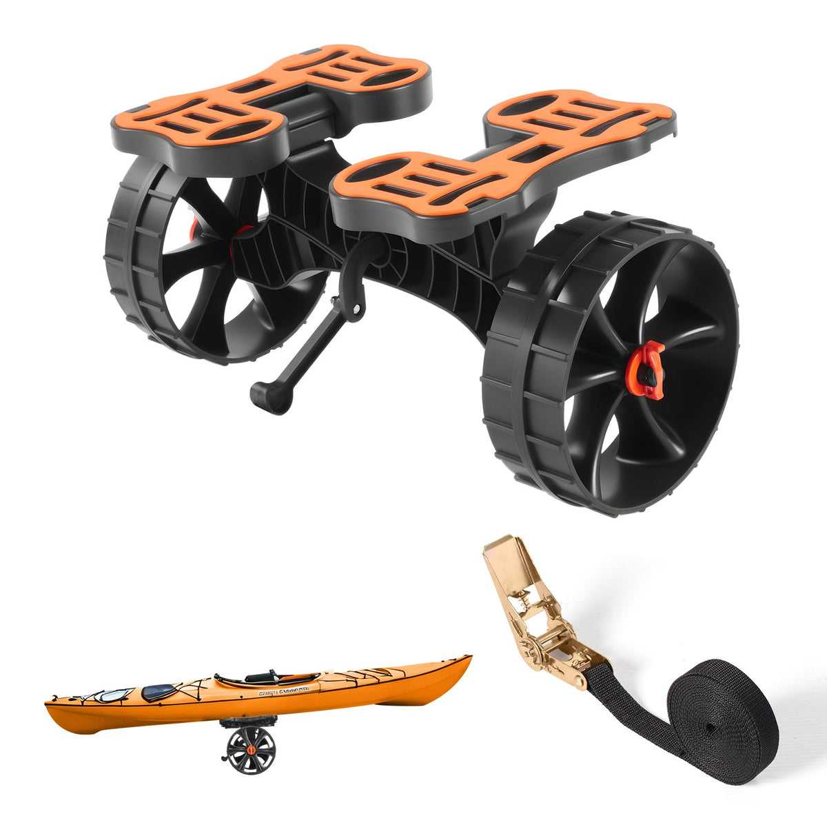 Kayak Cart, 136.1 kg Load Capacity, Foldable Kayak Trolley with 25.4 cm Solid Rubber Tires & 1 Ratchet Strap, Paddle Board Trolley for Carrying Kayaks, Canoes, Paddleboards, Float Mats,Jon Boats