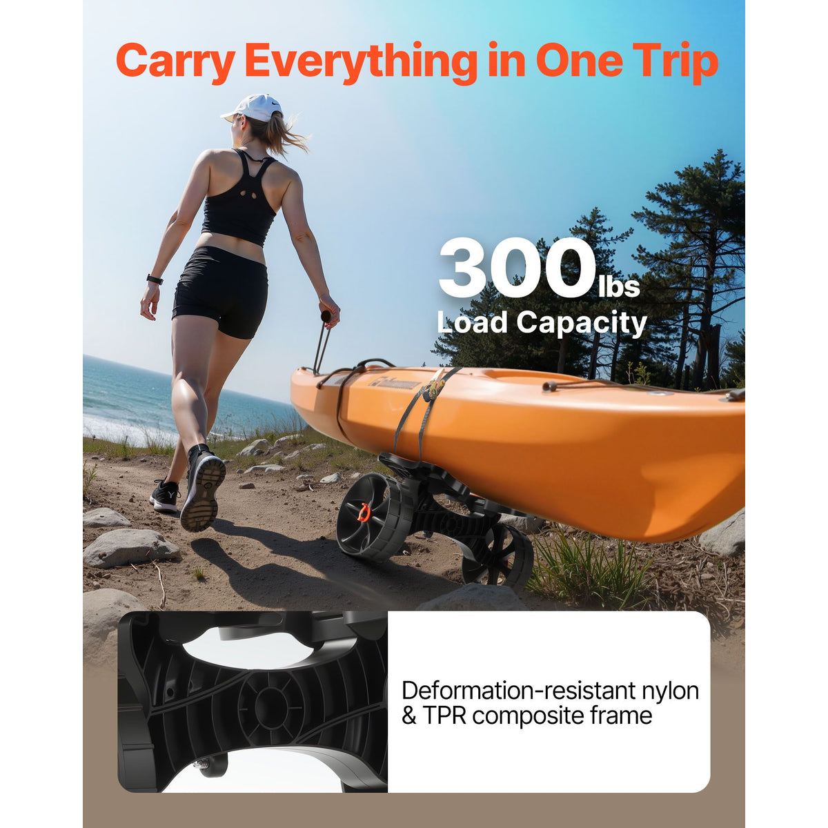 Kayak Cart, 136.1 kg Load Capacity, Foldable Kayak Trolley with 25.4 cm Solid Rubber Tires & 1 Ratchet Strap, Paddle Board Trolley for Carrying Kayaks, Canoes, Paddleboards, Float Mats,Jon Boats