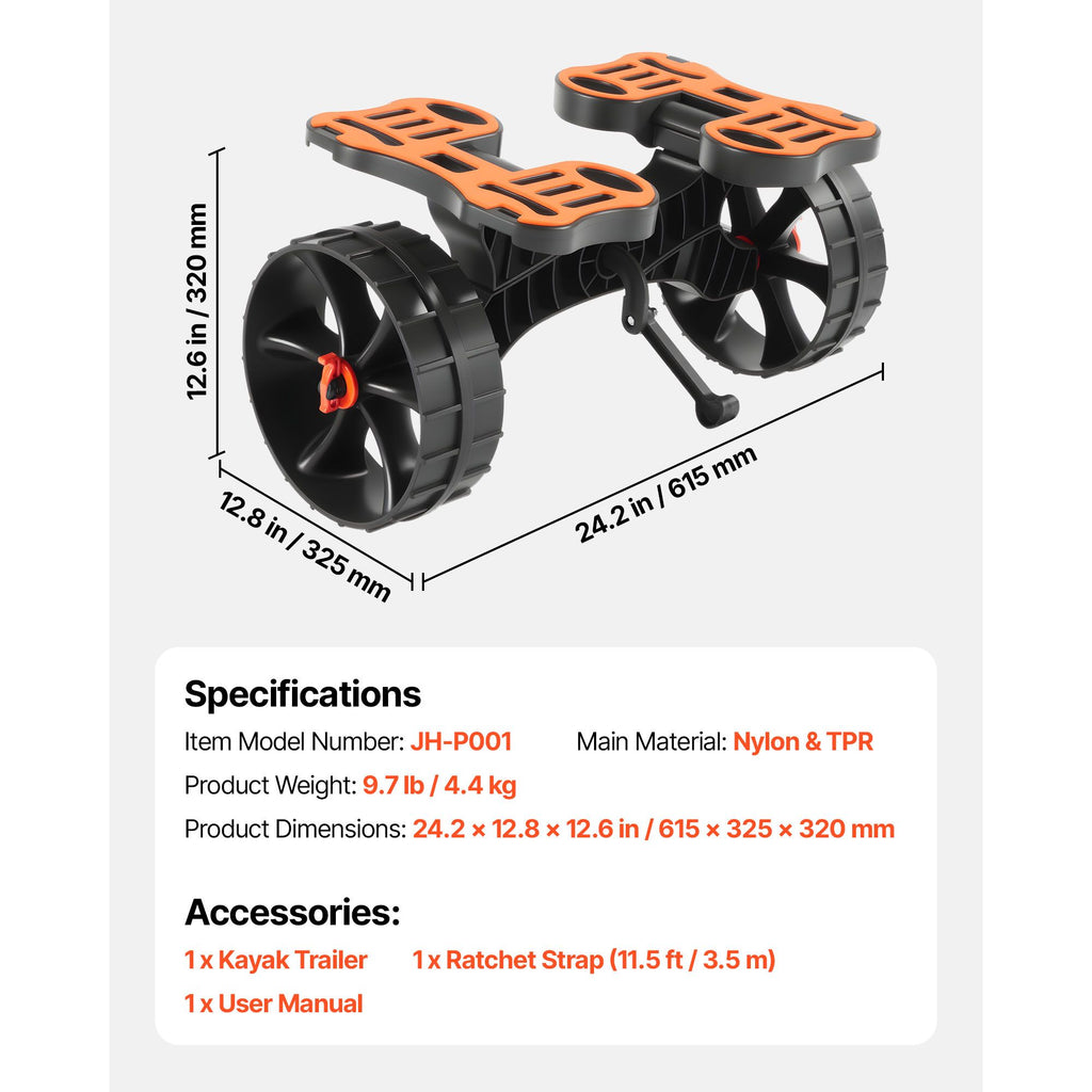 Kayak Cart, 136.1 kg Load Capacity, Foldable Kayak Trolley with 25.4 cm Solid Rubber Tires & 1 Ratchet Strap, Paddle Board Trolley for Carrying Kayaks, Canoes, Paddleboards, Float Mats,Jon Boats