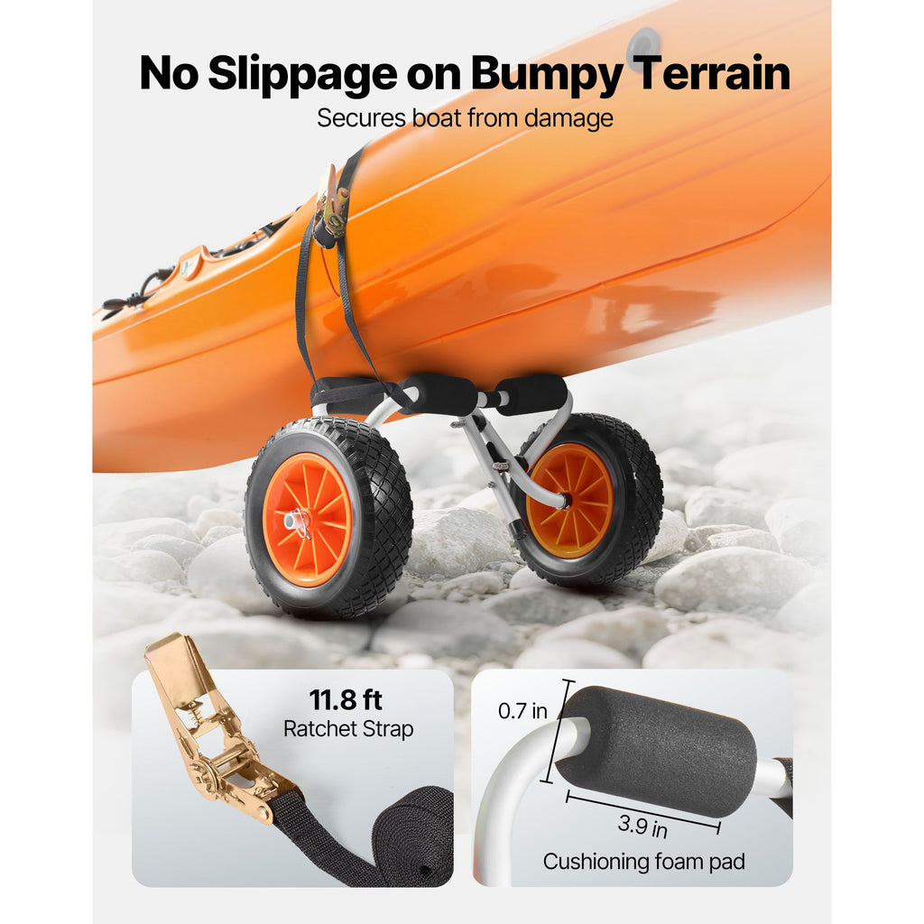 Kayak Cart, 90 kg Load Capacity, Foldable Kayak Trolley with 25.4 cm Solid Rubber Tires & 1 Ratchet Strap, Paddle Board Trolley for Carrying Kayaks, Canoes, Paddleboards, Float Mats, Jon Boats