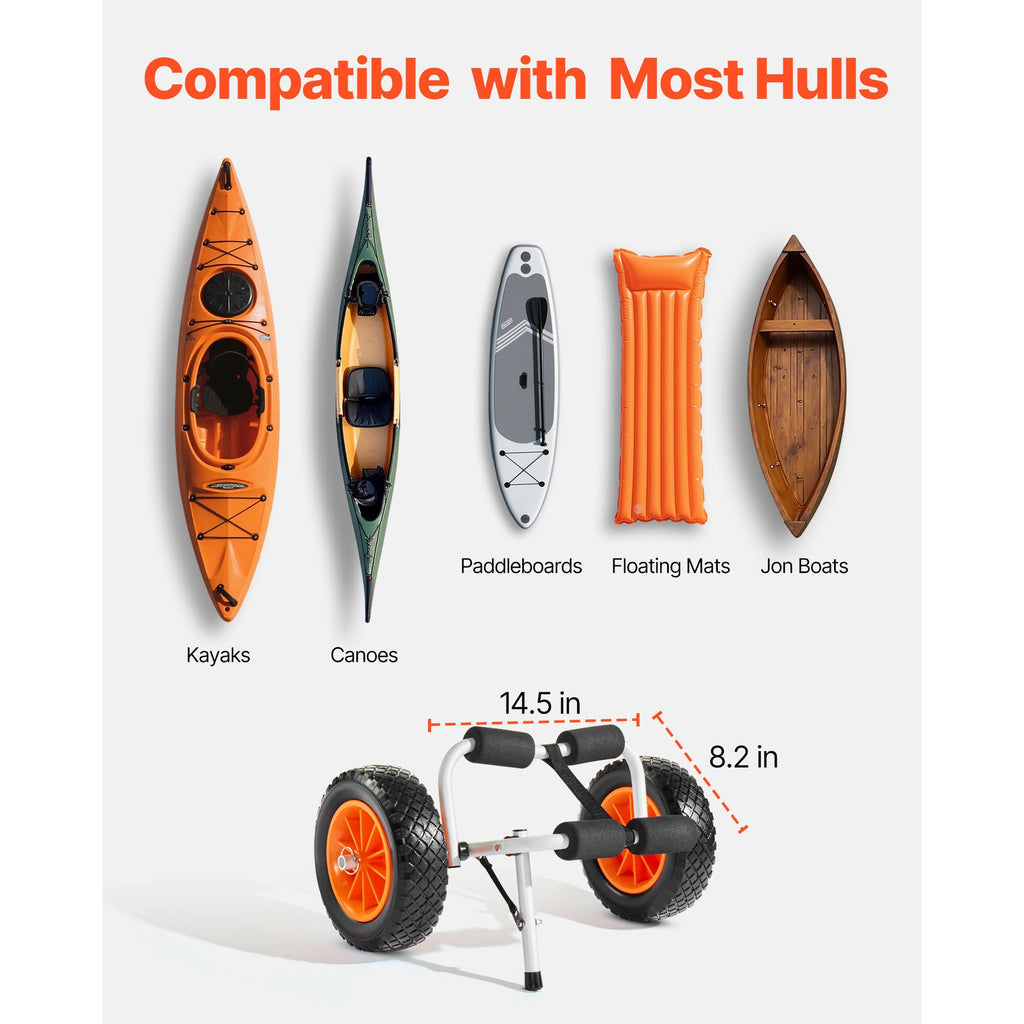 Kayak Cart, 90 kg Load Capacity, Foldable Kayak Trolley with 25.4 cm Solid Rubber Tires & 1 Ratchet Strap, Paddle Board Trolley for Carrying Kayaks, Canoes, Paddleboards, Float Mats, Jon Boats