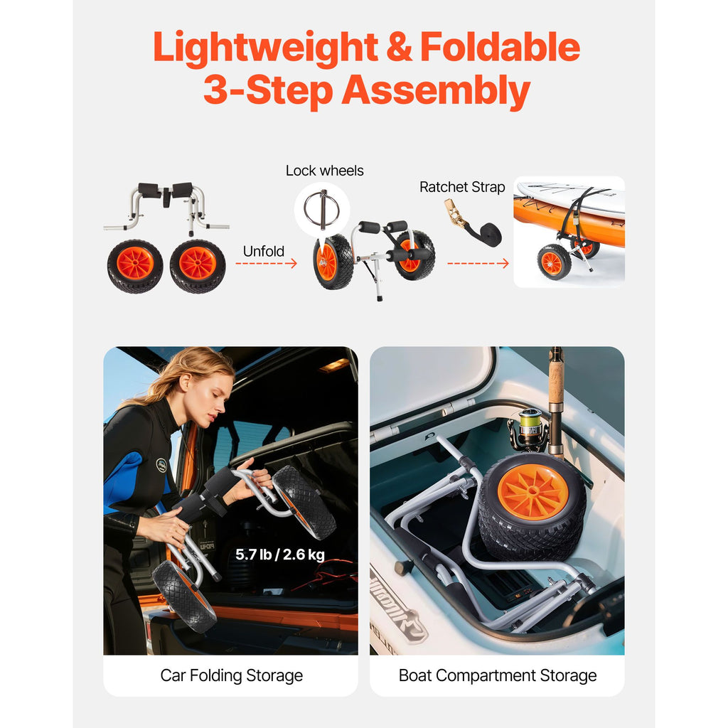 Kayak Cart, 90 kg Load Capacity, Foldable Kayak Trolley with 25.4 cm Solid Rubber Tires & 1 Ratchet Strap, Paddle Board Trolley for Carrying Kayaks, Canoes, Paddleboards, Float Mats, Jon Boats