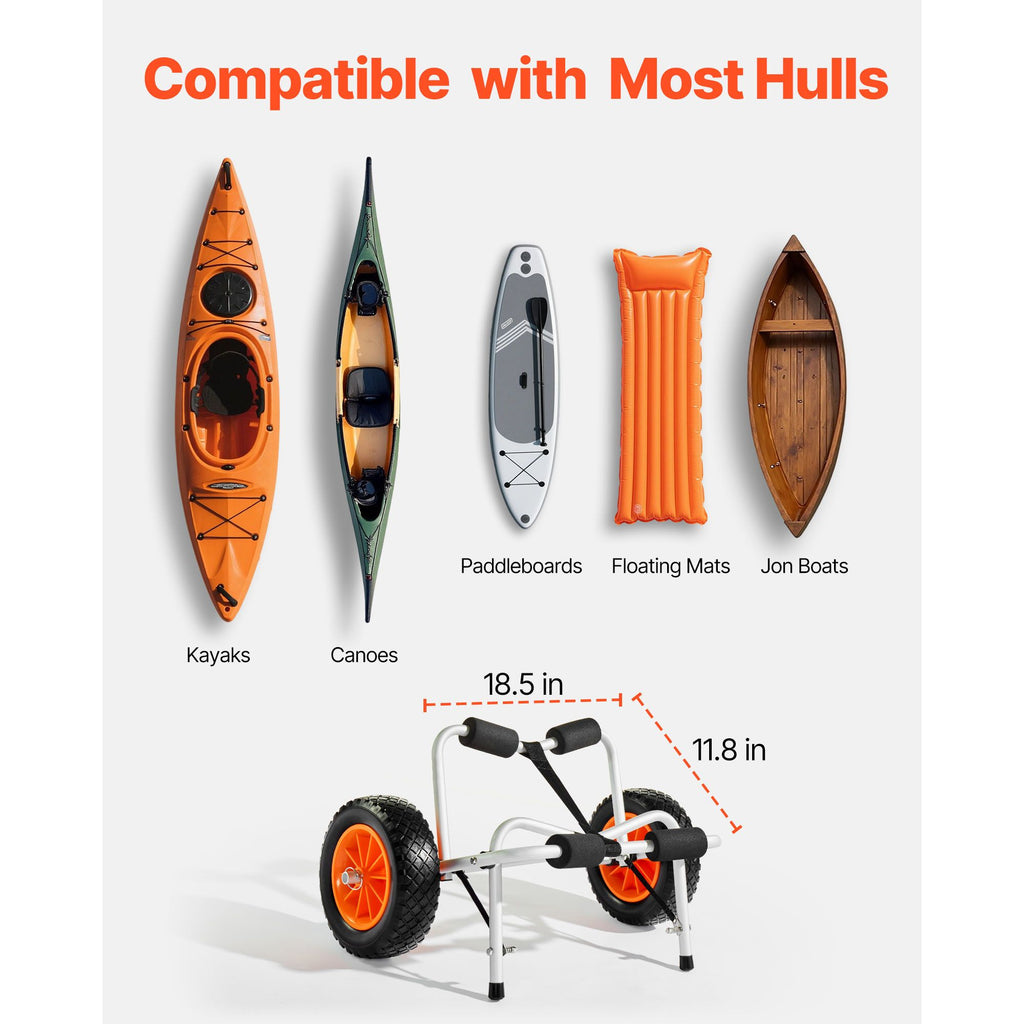 Kayak Cart, 113.4 kg Load Capacity, Foldable Kayak Trolley with 25.4 cm Solid Rubber Tires & 1 Ratchet Strap, Paddle Board Trolley for Carrying Kayaks, Canoes, Paddleboards, Float Mats,Jon Boats