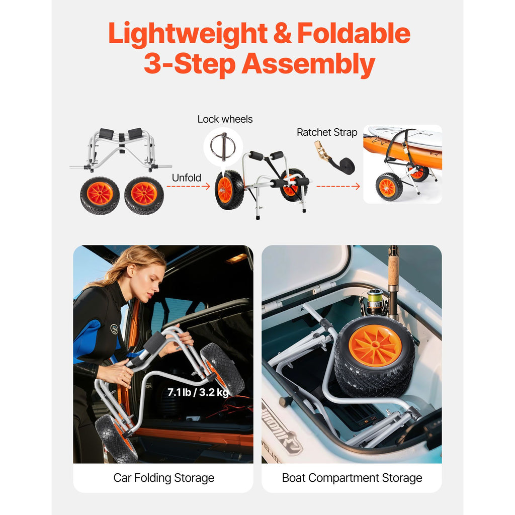 Kayak Cart, 113.4 kg Load Capacity, Foldable Kayak Trolley with 25.4 cm Solid Rubber Tires & 1 Ratchet Strap, Paddle Board Trolley for Carrying Kayaks, Canoes, Paddleboards, Float Mats,Jon Boats