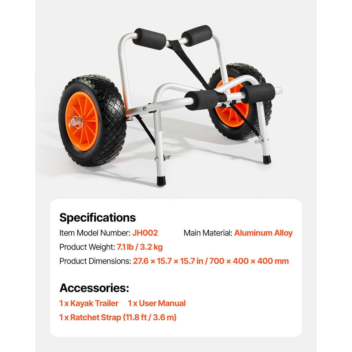 Kayak Cart, 113.4 kg Load Capacity, Foldable Kayak Trolley with 25.4 cm Solid Rubber Tires & 1 Ratchet Strap, Paddle Board Trolley for Carrying Kayaks, Canoes, Paddleboards, Float Mats,Jon Boats