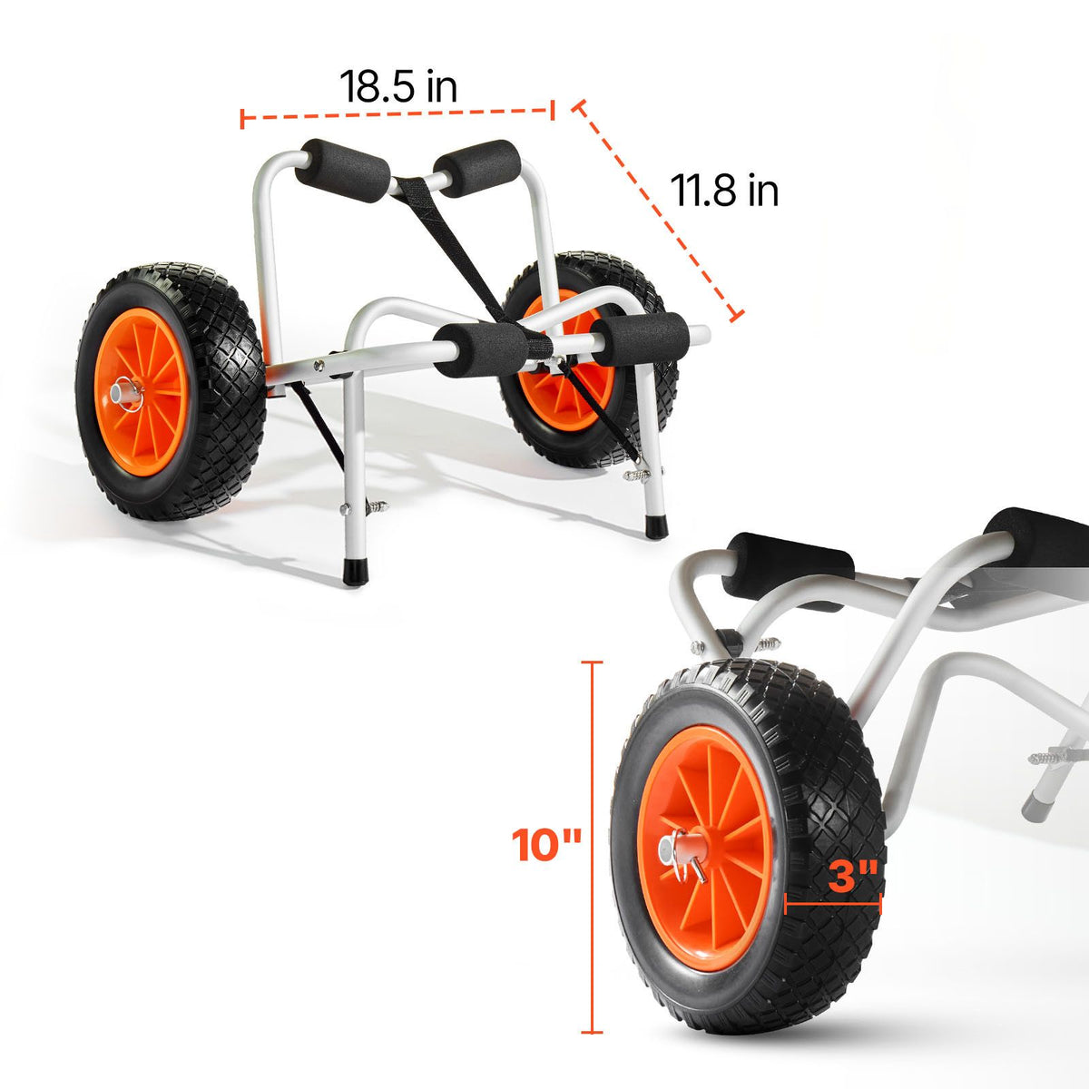 Kayak Cart, 113.4 kg Load Capacity, Foldable Kayak Trolley with 25.4 cm Solid Rubber Tires & 1 Ratchet Strap, Paddle Board Trolley for Carrying Kayaks, Canoes, Paddleboards, Float Mats,Jon Boats