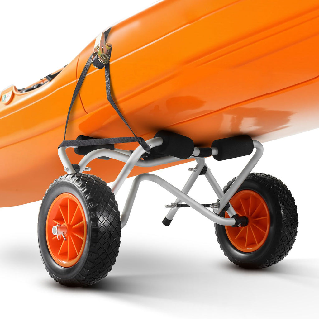 Kayak Cart, 113.4 kg Load Capacity, Foldable Kayak Trolley with 25.4 cm Solid Rubber Tires & 1 Ratchet Strap, Paddle Board Trolley for Carrying Kayaks, Canoes, Paddleboards, Float Mats,Jon Boats