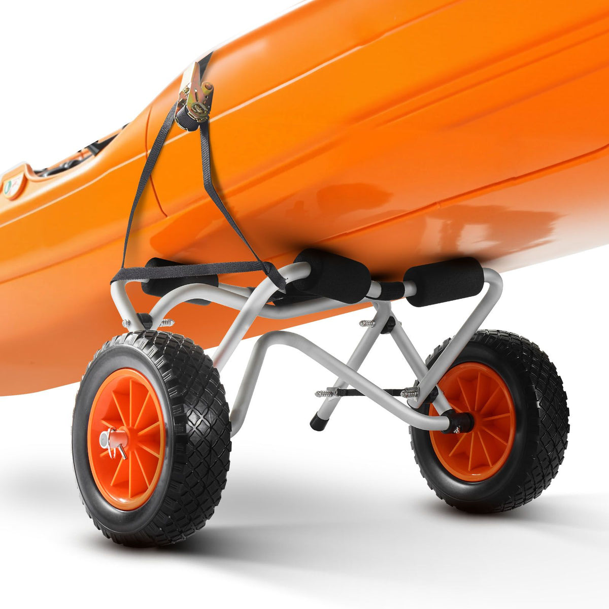 Kayak Cart, 113.4 kg Load Capacity, Foldable Kayak Trolley with 25.4 cm Solid Rubber Tires & 1 Ratchet Strap, Paddle Board Trolley for Carrying Kayaks, Canoes, Paddleboards, Float Mats,Jon Boats