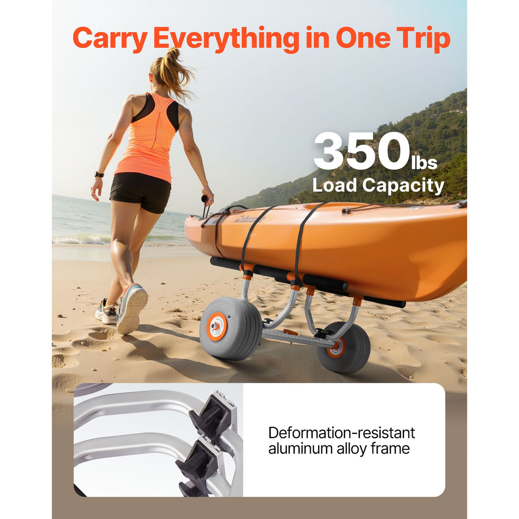Kayak Cart, 158.8 kg Load Capacity, Kayak Trolley with 30.5 cm Inflatable PU Tires & 2 Straps, Assembles & Disassembles Within Seconds, Paddle Board Trolley for Carrying Kayaks and Canoes