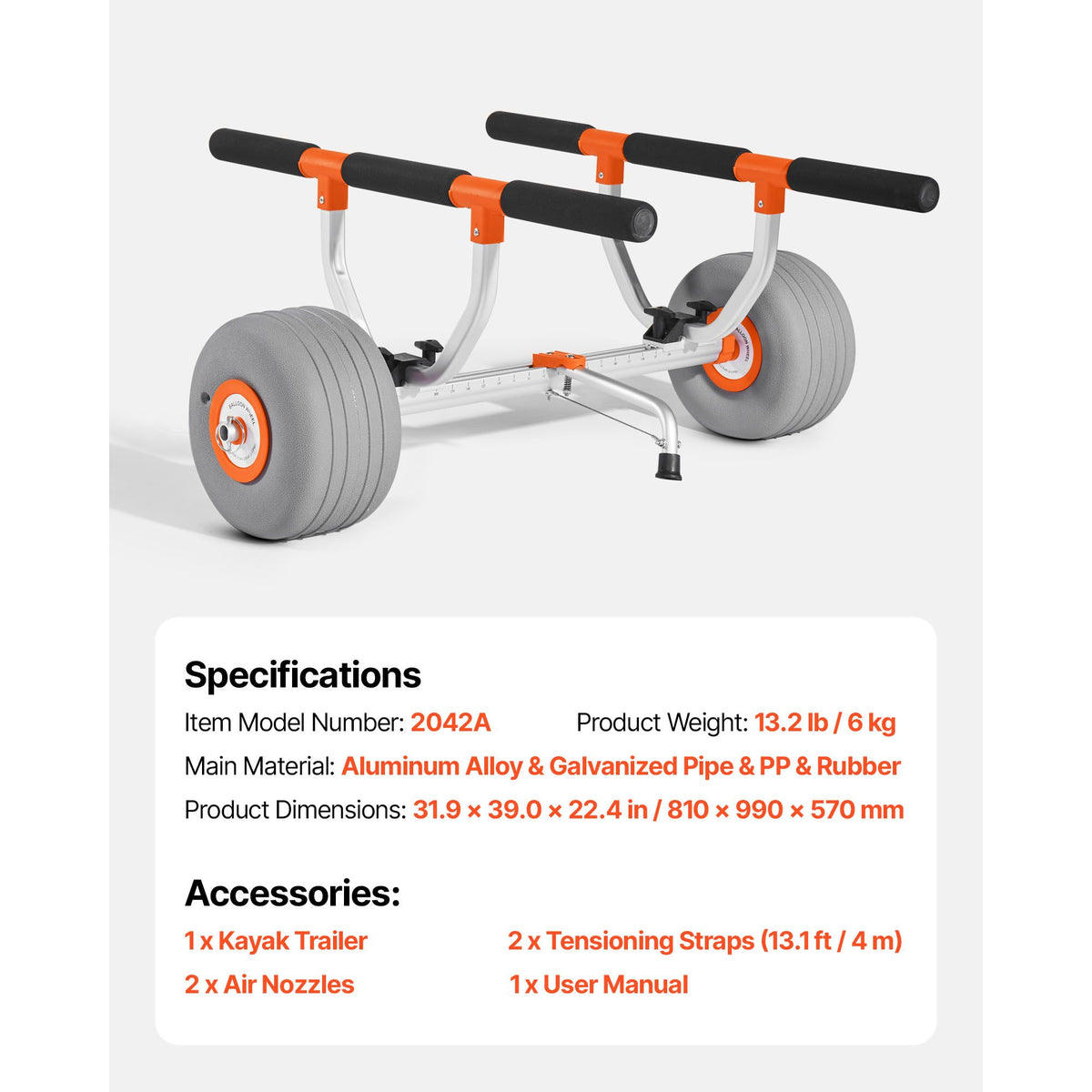 Kayak Cart, 158.8 kg Load Capacity, Kayak Trolley with 30.5 cm Inflatable PU Tires & 2 Straps, Assembles & Disassembles Within Seconds, Paddle Board Trolley for Carrying Kayaks and Canoes