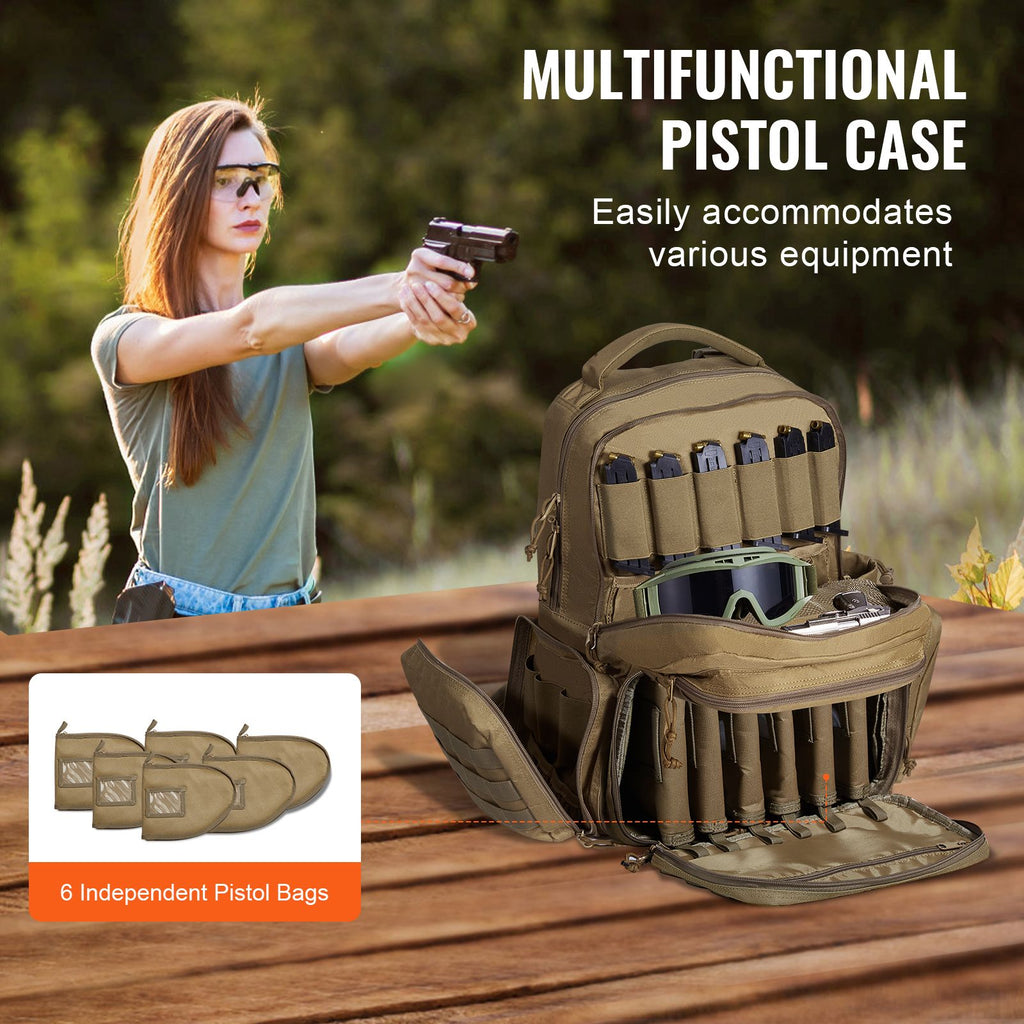 Tactical Range Backpack for 6 Pistols, Gun Backpack with 6 Independent Pistol Bags & 10 Magazines, Pistol Backpack for Outdoor Hunting Shooting, Range Bag for Handguns Lockable Zipper, Brown