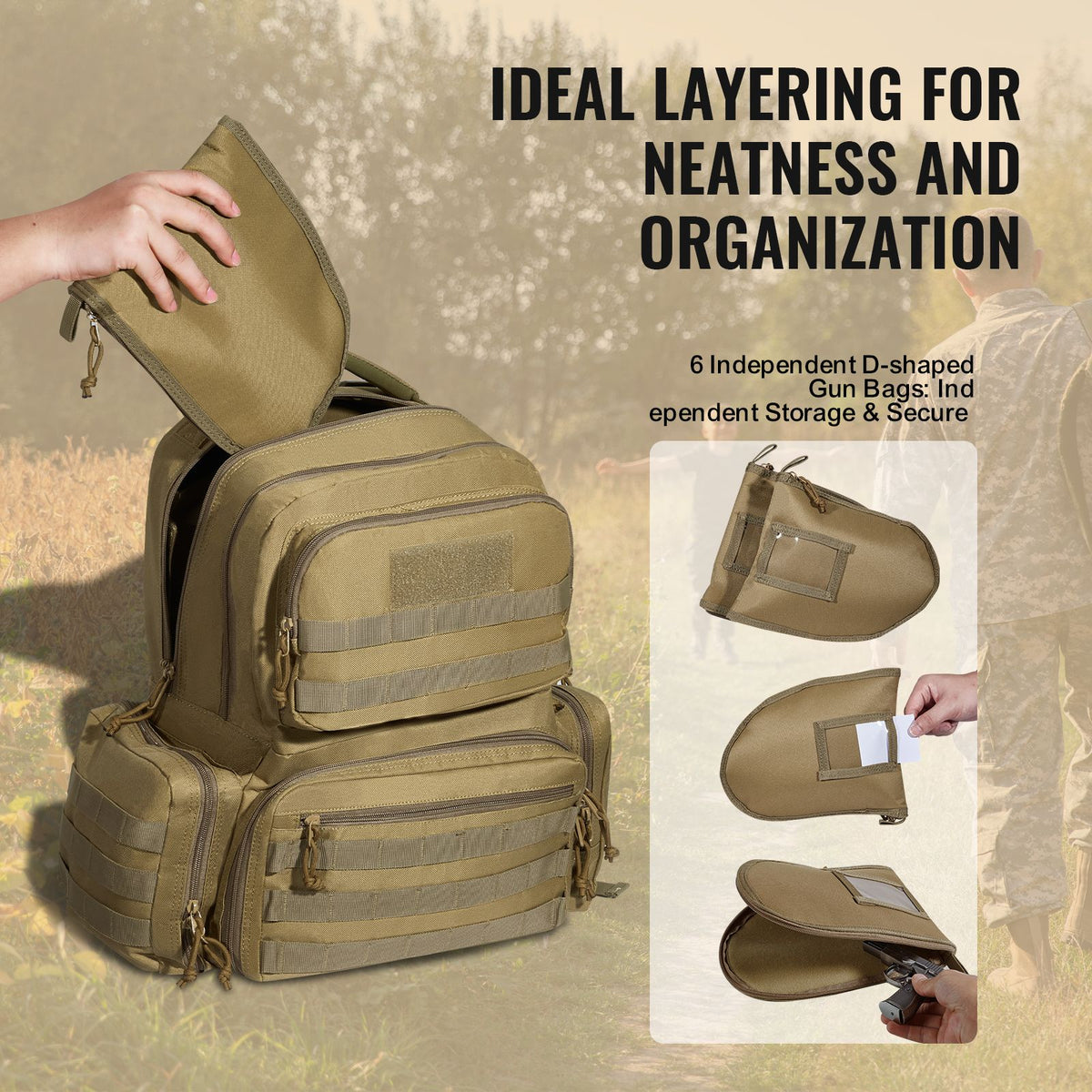 Tactical Range Backpack for 6 Pistols, Gun Backpack with 6 Independent Pistol Bags & 10 Magazines, Pistol Backpack for Outdoor Hunting Shooting, Range Bag for Handguns Lockable Zipper, Brown