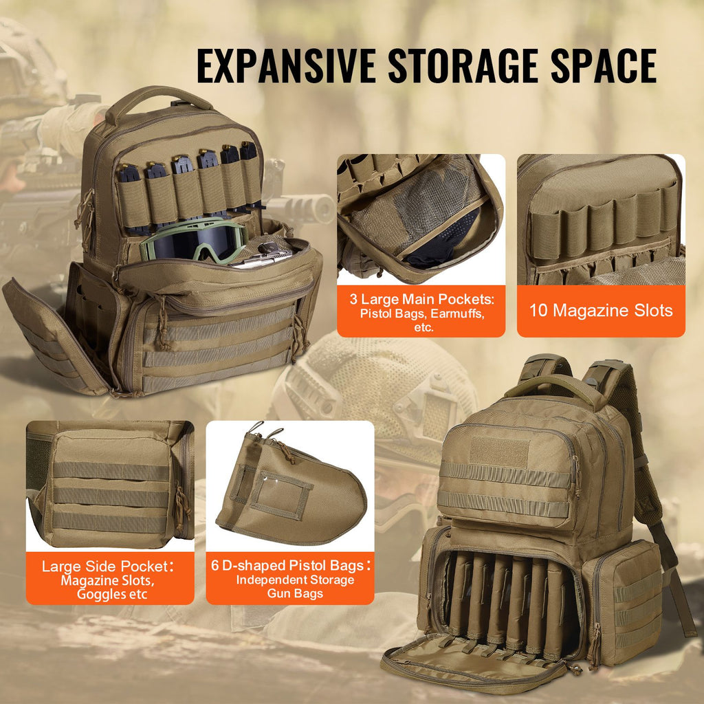 Tactical Range Backpack for 6 Pistols, Gun Backpack with 6 Independent Pistol Bags & 10 Magazines, Pistol Backpack for Outdoor Hunting Shooting, Range Bag for Handguns Lockable Zipper, Brown