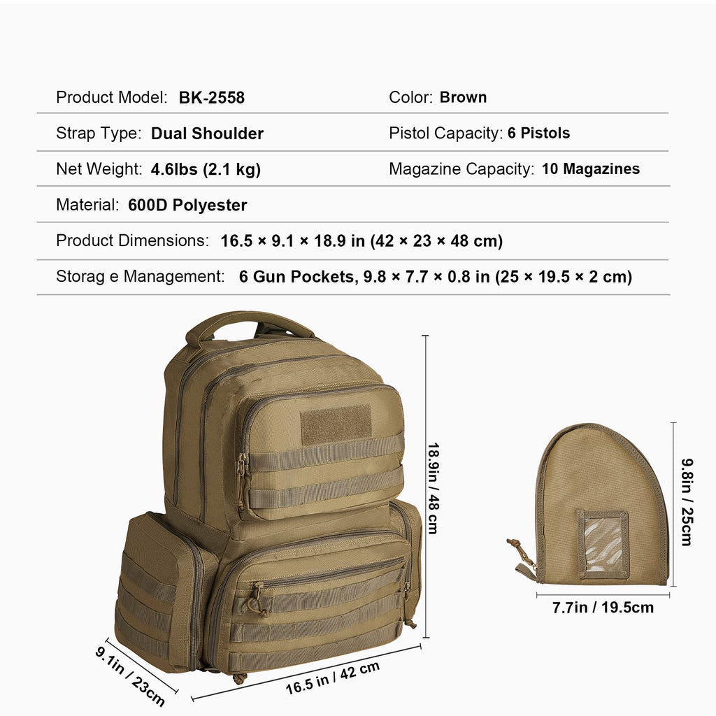 Tactical Range Backpack for 6 Pistols, Gun Backpack with 6 Independent Pistol Bags & 10 Magazines, Pistol Backpack for Outdoor Hunting Shooting, Range Bag for Handguns Lockable Zipper, Brown