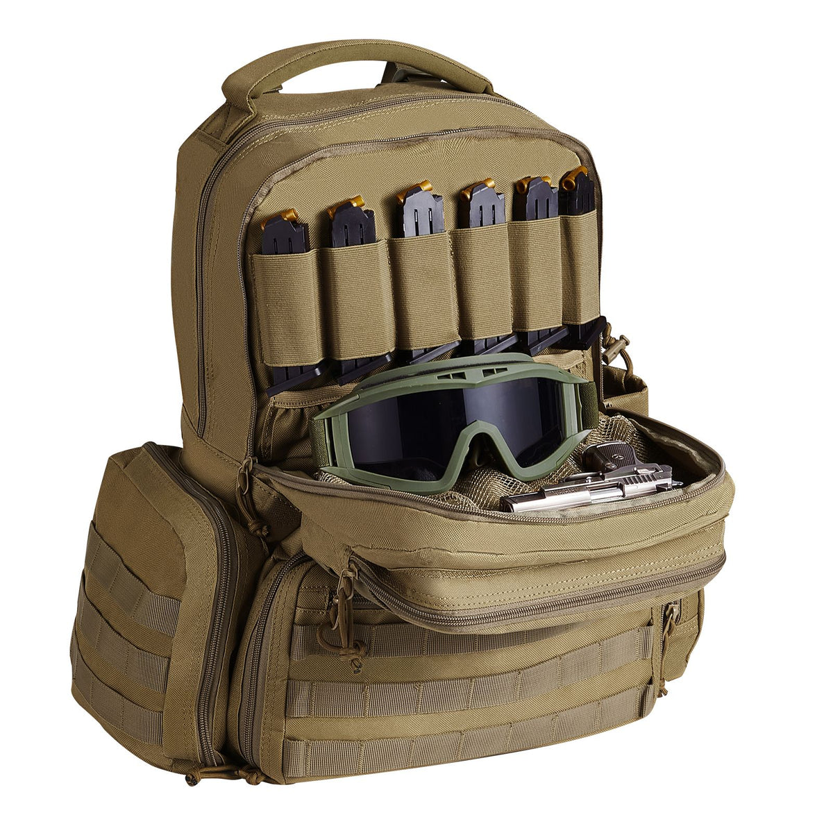 Tactical Range Backpack for 6 Pistols, Gun Backpack with 6 Independent Pistol Bags & 10 Magazines, Pistol Backpack for Outdoor Hunting Shooting, Range Bag for Handguns Lockable Zipper, Brown