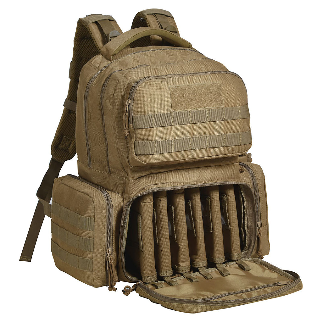 Tactical Range Backpack for 6 Pistols, Gun Backpack with 6 Independent Pistol Bags & 10 Magazines, Pistol Backpack for Outdoor Hunting Shooting, Range Bag for Handguns Lockable Zipper, Brown