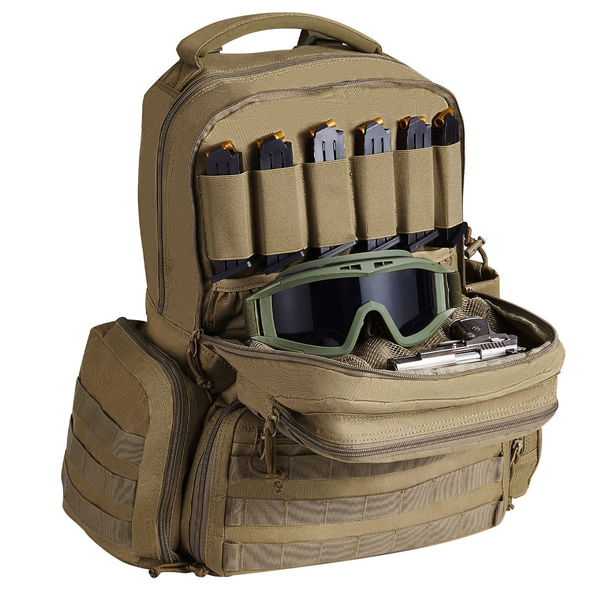 Tactical Range Backpack for 6 Pistols, Gun Backpack with 6 Independent Pistol Bags & 10 Magazines, Pistol Backpack for Outdoor Hunting Shooting, Range Bag for Handguns Lockable Zipper, Brown