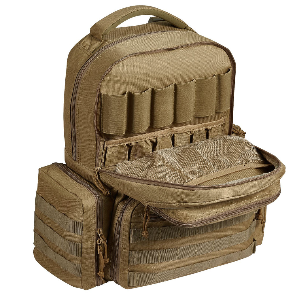 Tactical Range Backpack for 6 Pistols, Gun Backpack with 6 Independent Pistol Bags & 10 Magazines, Pistol Backpack for Outdoor Hunting Shooting, Range Bag for Handguns Lockable Zipper, Brown