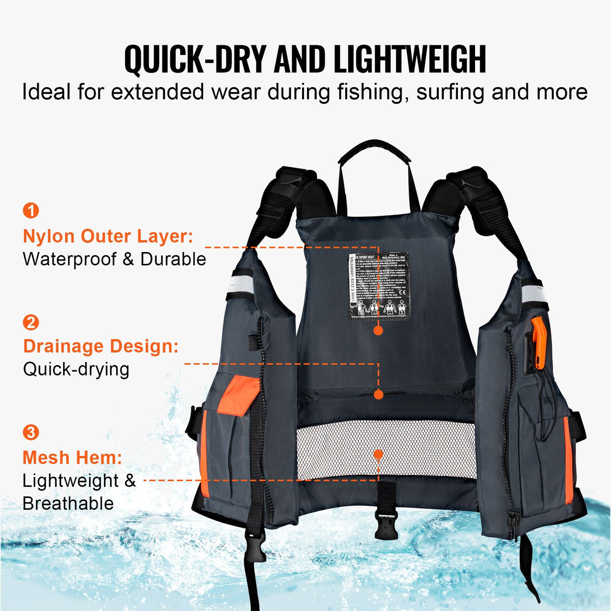 Life Vest for Watersports (PFD), Life Jacket with Waterproof Nylon & 96N Buoyancy, Life Vest/Jacket for Any Water Activity-Fishing, Kayaking, Surfing and More, Men and Women L