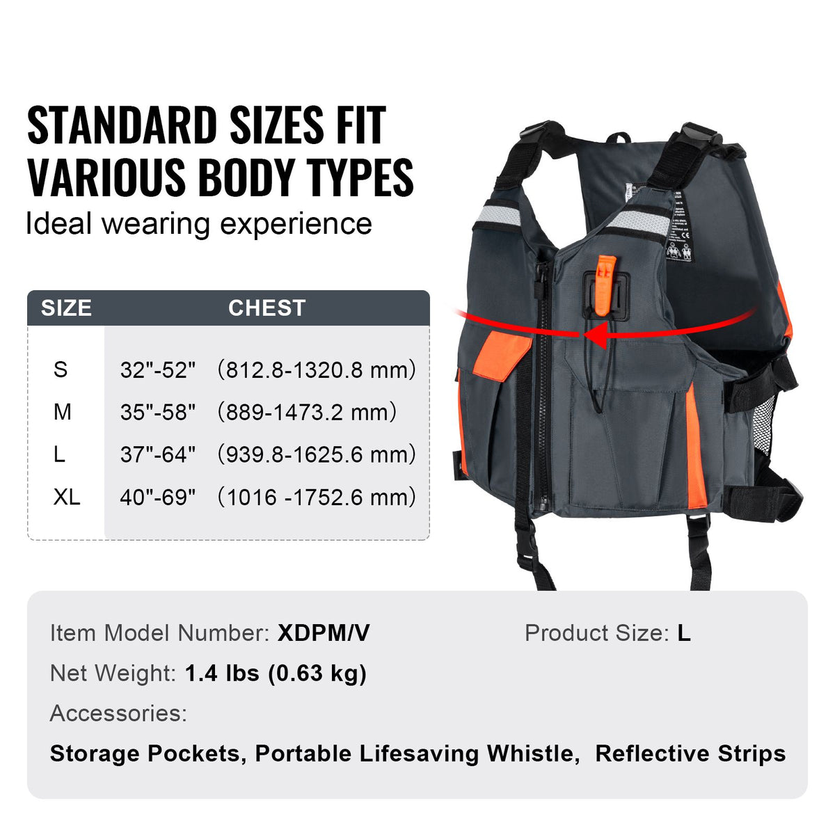 Life Vest for Watersports (PFD), Life Jacket with Waterproof Nylon & 96N Buoyancy, Life Vest/Jacket for Any Water Activity-Fishing, Kayaking, Surfing and More, Men and Women L