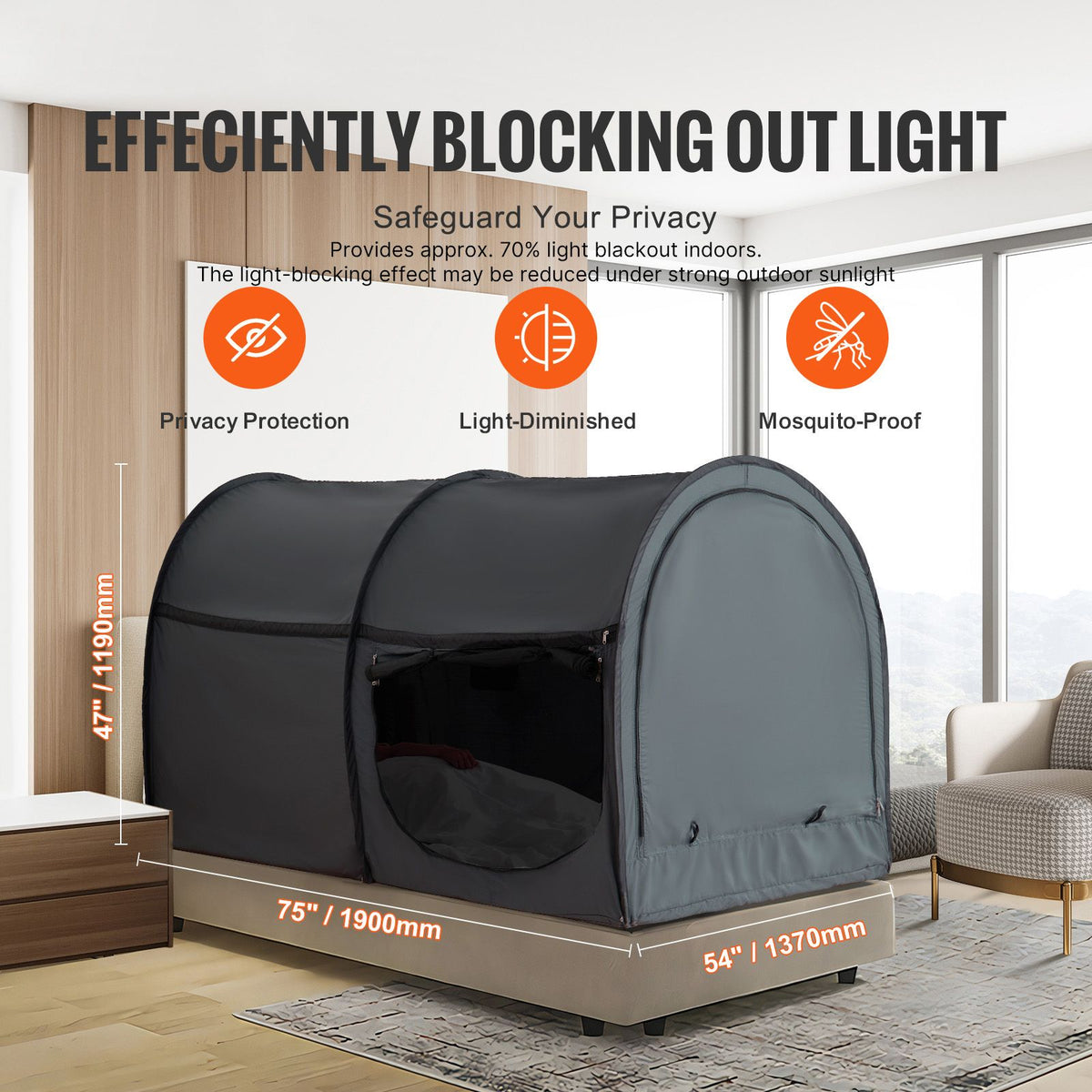 Bed Tent, Pongee Fabric, 4 Doors Breathable Dream Tent with 7 mm Fiber Poles on Bed Privacy, Full Size Block out Light Sleeping Bed Canopy, Fit for Kids Playhouse and Adults Sleeping Tent