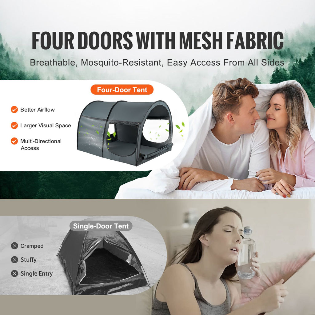 Bed Tent, Pongee Fabric, 4 Doors Breathable Dream Tent with 7 mm Fiber Poles on Bed Privacy, Full Size Block out Light Sleeping Bed Canopy, Fit for Kids Playhouse and Adults Sleeping Tent