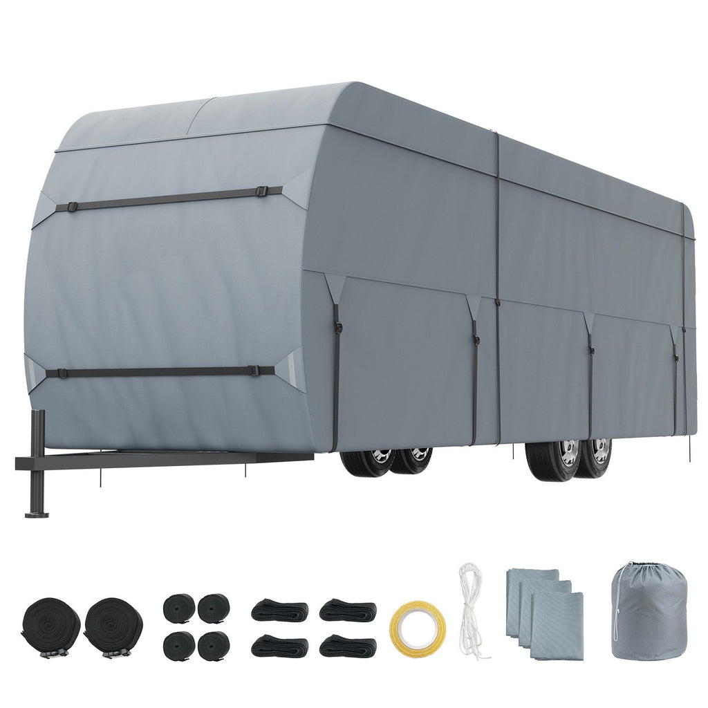 Travel Trailer Cover, 9.1-9.8m RV Cover, 4-Layer Non-Woven Fabric Camper Cover, Waterproof, Windproof And Wear-Resistant Class A RV Cover, Rip-Stop Camper Cover with Storage Bag and Patches