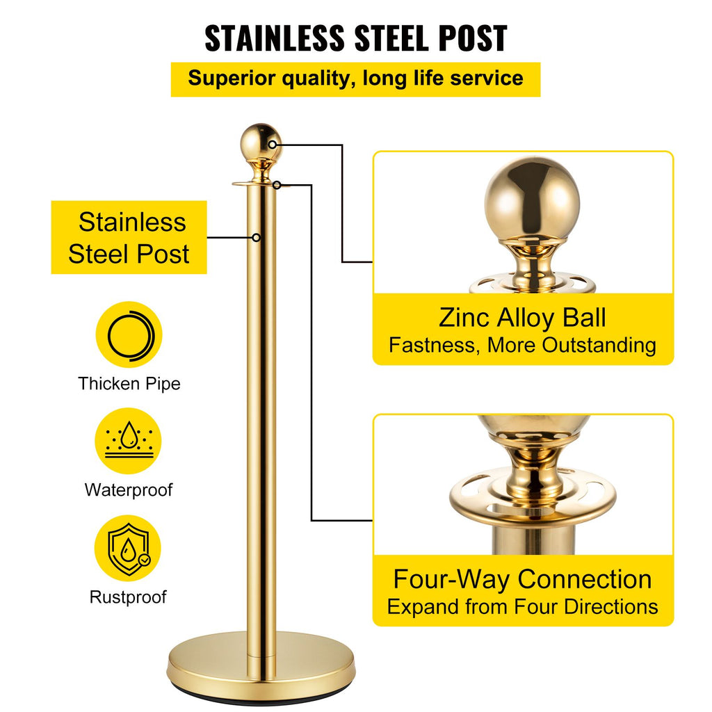 Velvet Ropes and Posts, 5 ft/1.5 m Red Rope, Stainless Steel Gold Stanchion with Ball Top, Red Crowd Control Barrier Used for Theaters, Party, Wedding, Exhibition, Ticket Offices 4 packSets