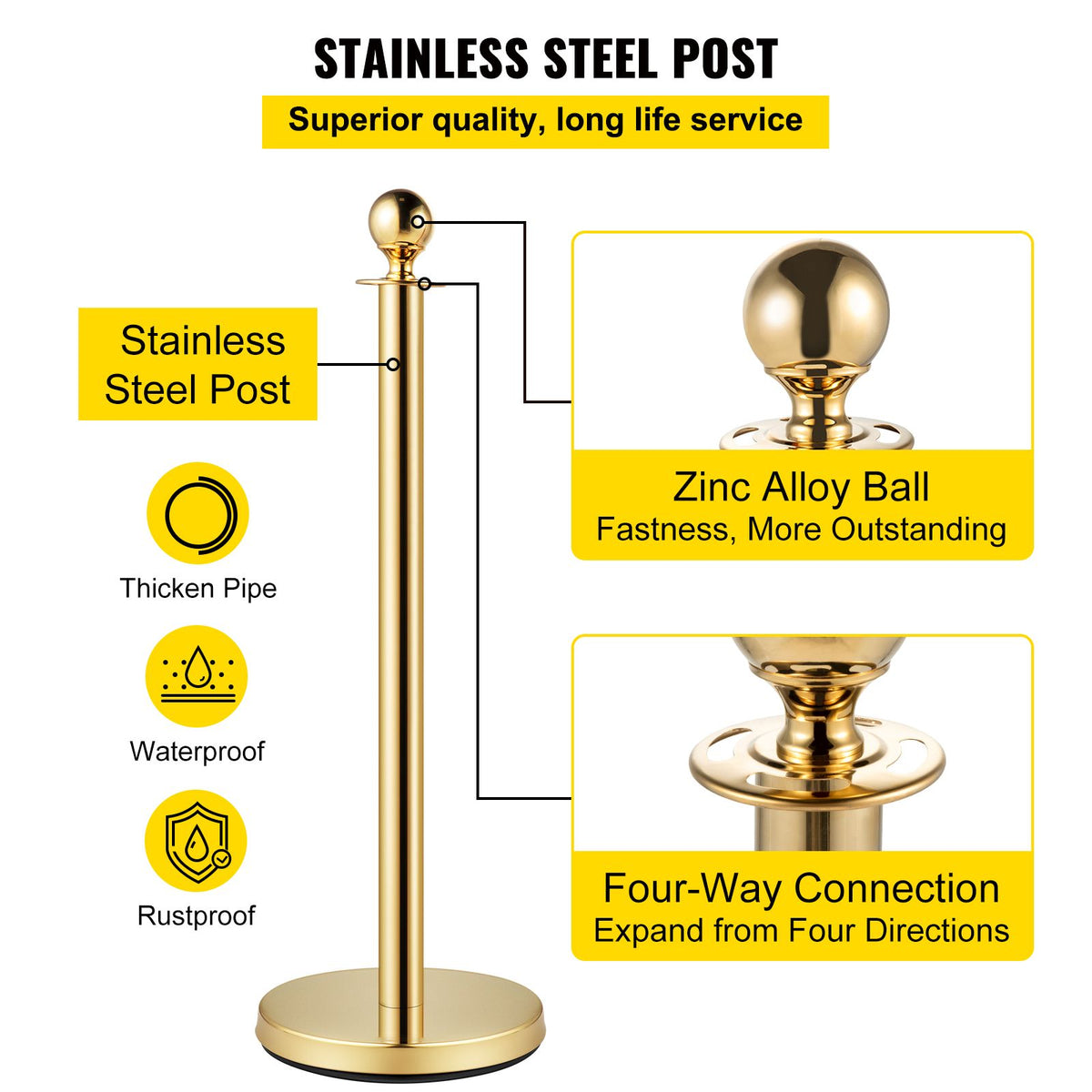 Velvet Ropes and Posts, 5 ft/1.5 m Red Rope, Stainless Steel Gold Stanchion with Ball Top, Red Crowd Control Barrier Used for Theaters, Party, Wedding, Exhibition, Ticket Offices 4 packSets