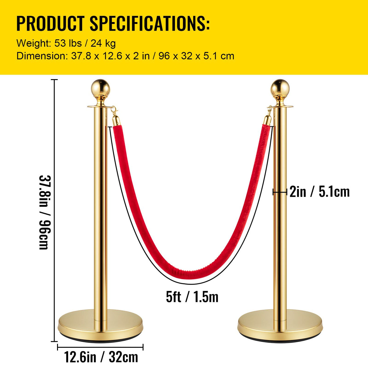 Velvet Ropes and Posts, 5 ft/1.5 m Red Rope, Stainless Steel Gold Stanchion with Ball Top, Red Crowd Control Barrier Used for Theaters, Party, Wedding, Exhibition, Ticket Offices 4 packSets