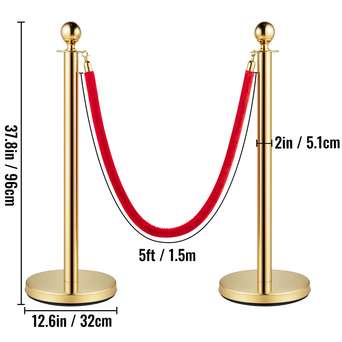 Velvet Ropes and Posts, 5 ft/1.5 m Red Rope, Stainless Steel Gold Stanchion with Ball Top, Red Crowd Control Barrier Used for Theaters, Party, Wedding, Exhibition, Ticket Offices 4 packSets