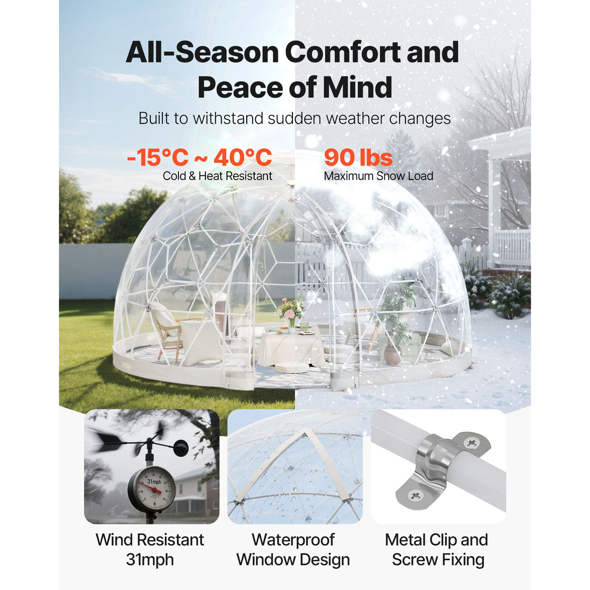 Garden Dome Tent, 3.6 x 2.2 m Outdoor Clear Bubble Tent for 4-7 Person, Weatherproof Geodesic Dome Greenhouse with Window, PVC Igloo Tents for Backyard Patios Camping Party Wedding