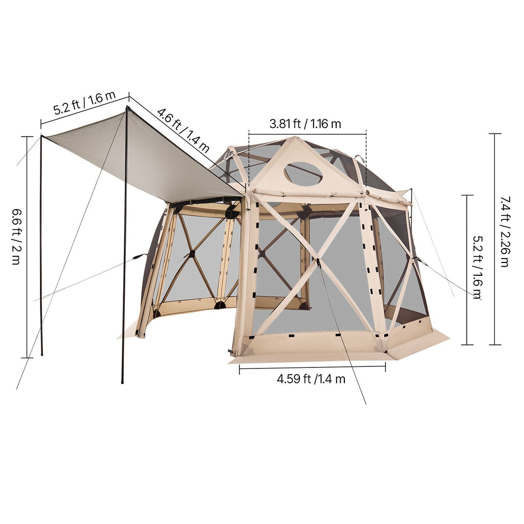 Pop up Gazebo Screen Tent, 3.6x3.6 m, 13-Sided Spherical Camping Canopy Tent with Removable Top & Carry Bag, Quick-Set & Bite-Proof, Screen House Sun Shelter for 8-10 Persons, Beige