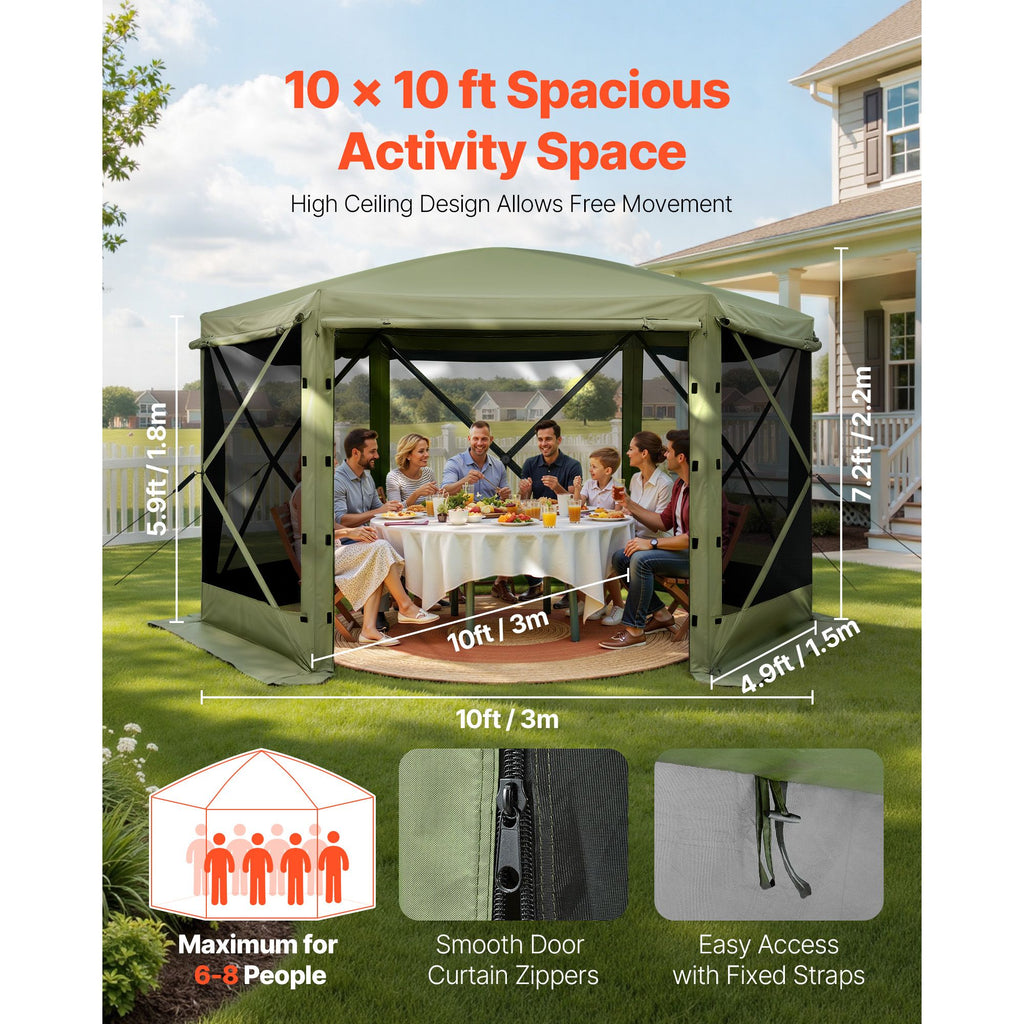 Pop up Gazebo Screen Tent, 3x3 m Large 6-Sided Camping Canopy Tent with Removable Top & Carry Bag, Quick-Set & Bite-Proof, Screen House Sun Shelter for 6-8 Persons Backyard Patio, Green