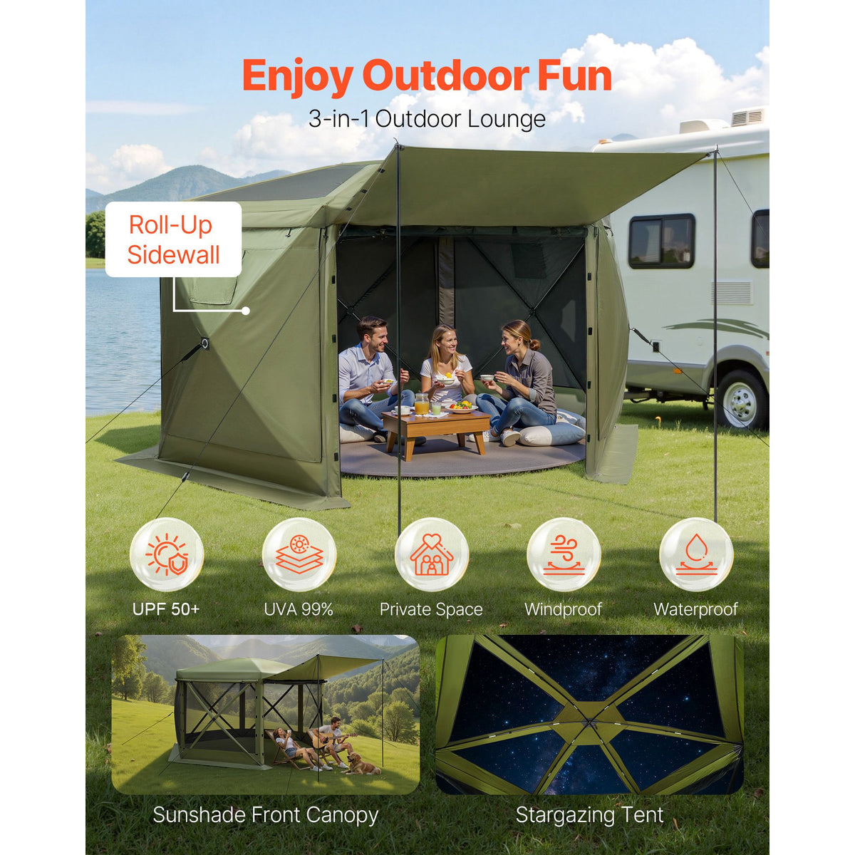 Pop up Gazebo Screen Tent, 3x3 m Large 6-Sided Camping Canopy Tent with Removable Top & Carry Bag, Quick-Set & Bite-Proof, Screen House Sun Shelter for 6-8 Persons Backyard Patio, Green