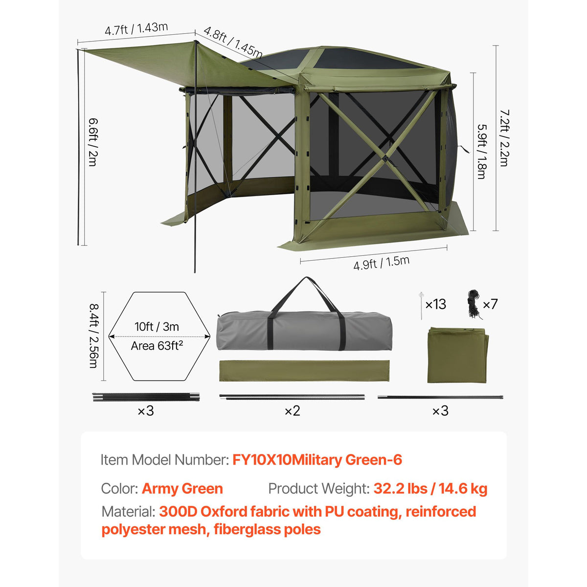 Pop up Gazebo Screen Tent, 3x3 m Large 6-Sided Camping Canopy Tent with Removable Top & Carry Bag, Quick-Set & Bite-Proof, Screen House Sun Shelter for 6-8 Persons Backyard Patio, Green