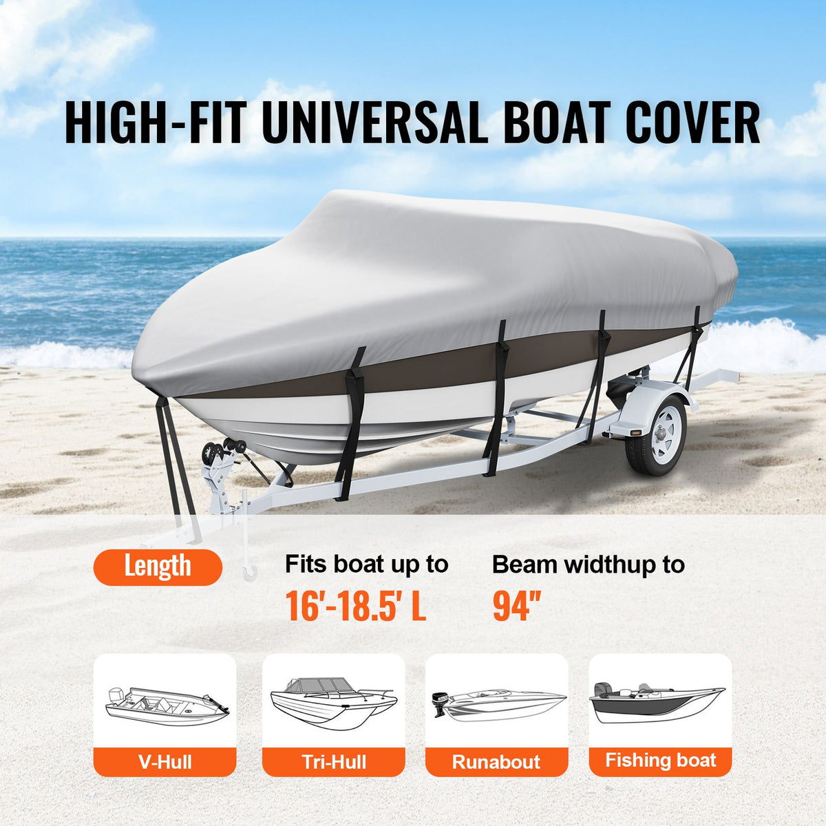 Boat Cover 600D Waterproof 16-18.5 ft Boat Cover V-Hull Tri-Hull Runabout