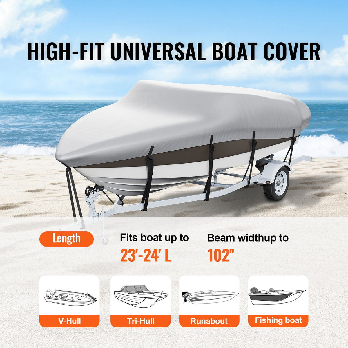 Boat Cover 600D Waterproof 23-24 ft Boat Cover V-Hull Tri-Hull Runabout