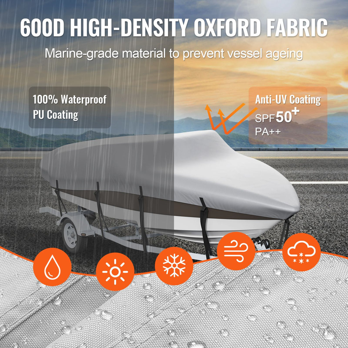 Boat Cover 600D Waterproof 23-24 ft Boat Cover V-Hull Tri-Hull Runabout