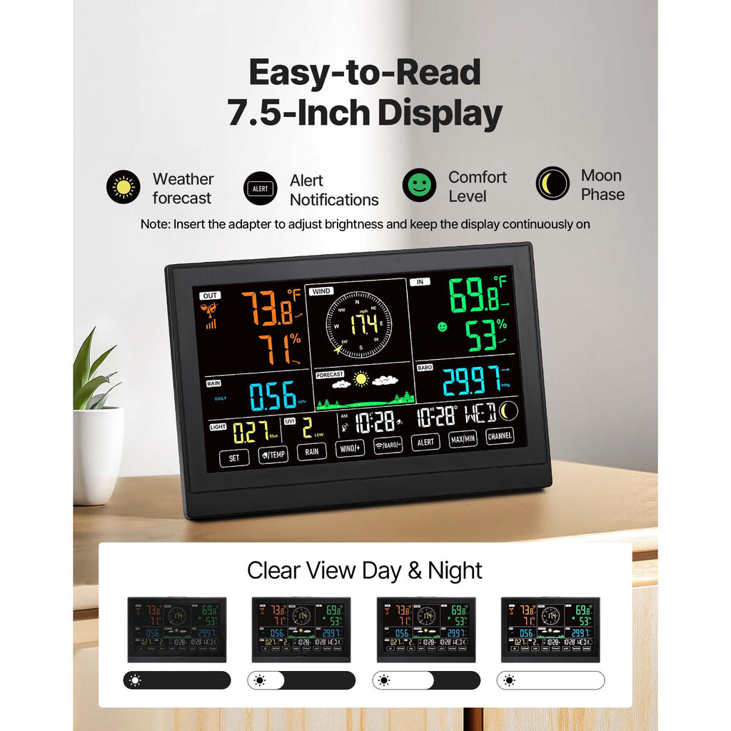 7-in-1 Wireless Weather Station, 190.5 mm VA Display, Solar Powered Outdoor Sensor, Rain Gauge, Indoor Outdoor for Weather Forecast, Temperature, Humidity, Wind Speed and Direction (No WiFi)