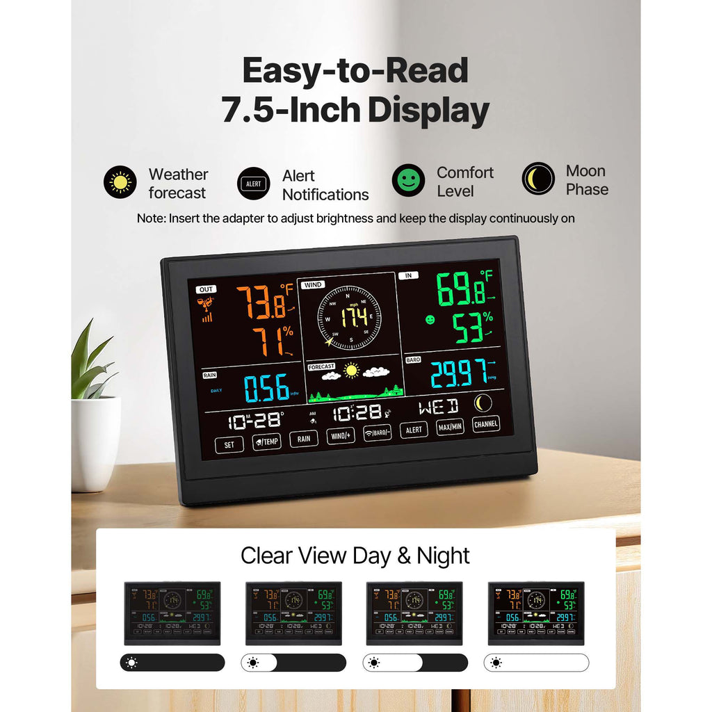 5-in-1 Wireless Weather Station, 190.5 mm VA Display, Solar Powered Outdoor Sensor, Rain Gauge, Indoor Outdoor for Weather Forecast, Temperature, Humidity, Wind Speed and Direction (No WiFi)