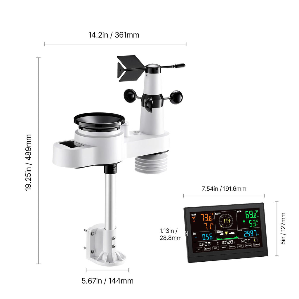 5-in-1 Wireless Weather Station, 190.5 mm VA Display, Solar Powered Outdoor Sensor, Rain Gauge, Indoor Outdoor for Weather Forecast, Temperature, Humidity, Wind Speed and Direction (No WiFi)