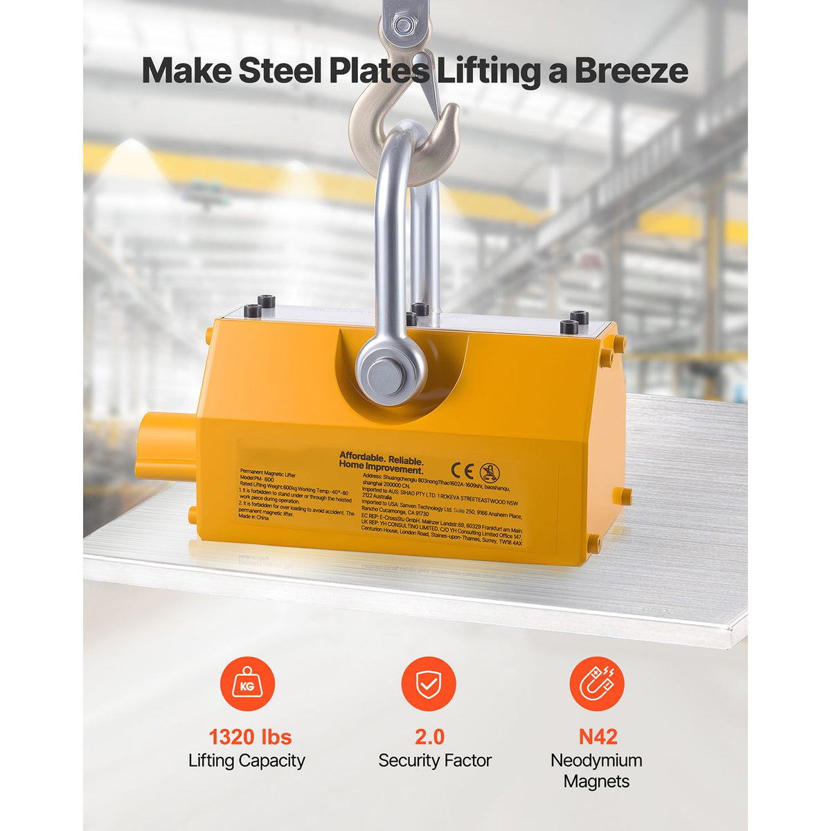 Permanent Magnetic Lifter, 600 kg Pulling Capacity, Heavy Duty N42 Neodymium Lifting Magnet with Release Handle and Steel Hook, Used in Shop Crane and Hoist, for Lifting Plate Steel, Board