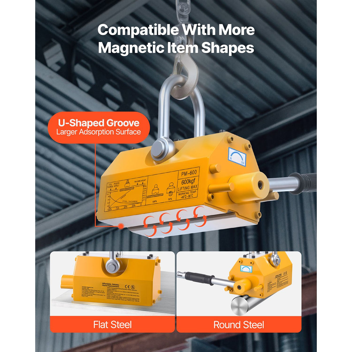 Permanent Magnetic Lifter, 600 kg Pulling Capacity, Heavy Duty N42 Neodymium Lifting Magnet with Release Handle and Steel Hook, Used in Shop Crane and Hoist, for Lifting Plate Steel, Board