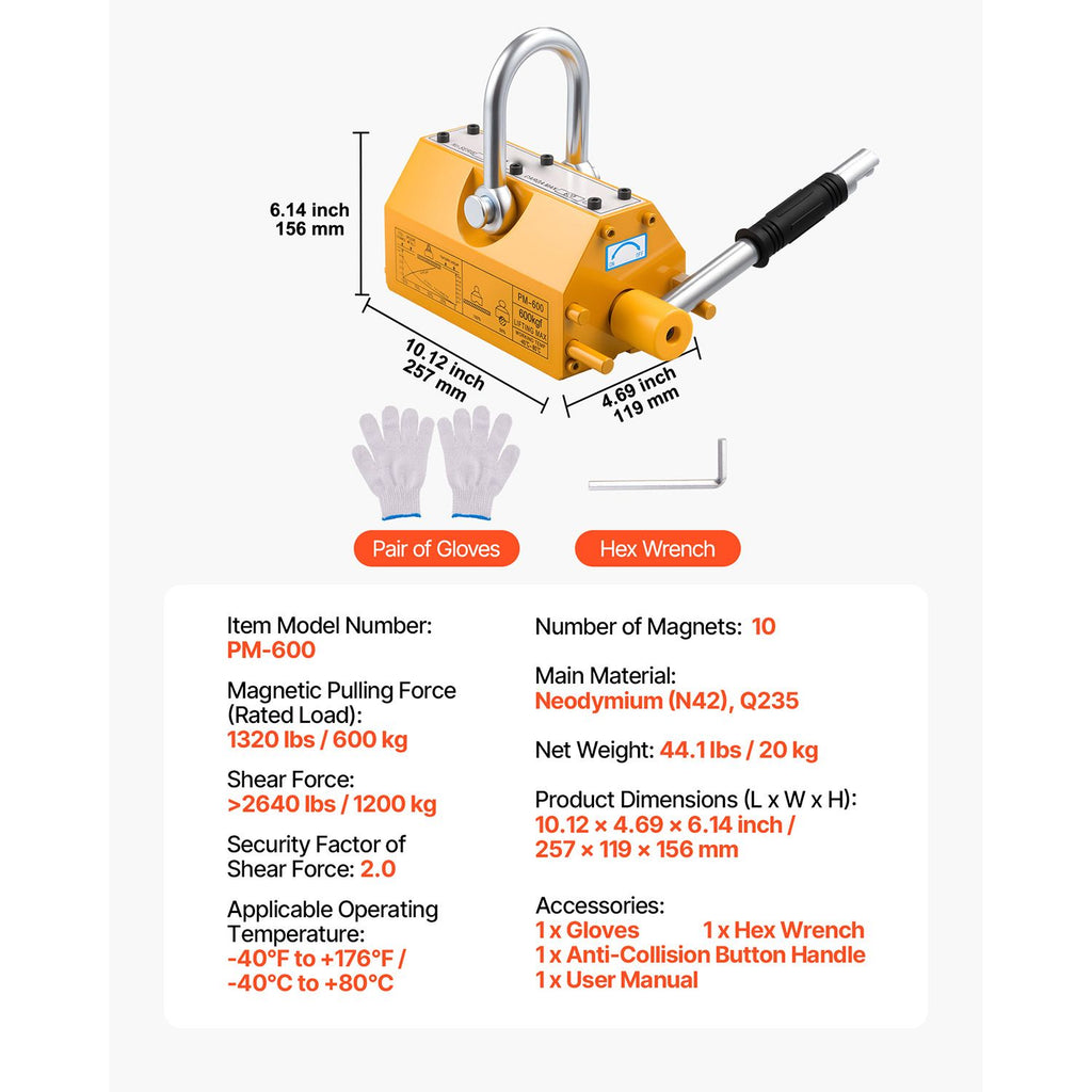 Permanent Magnetic Lifter, 600 kg Pulling Capacity, Heavy Duty N42 Neodymium Lifting Magnet with Release Handle and Steel Hook, Used in Shop Crane and Hoist, for Lifting Plate Steel, Board