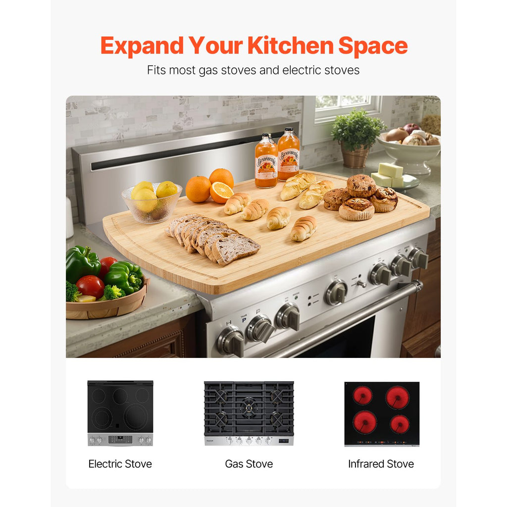 Noodle Board Stove Cover, Stove Top Cover Board for Gas Burner & Electric Stove, Bamboo Wood Cutting Board with Juice Grooves, RV Stovetop/ Kitchen Sink Cover for Counter Space & Tray, Natural