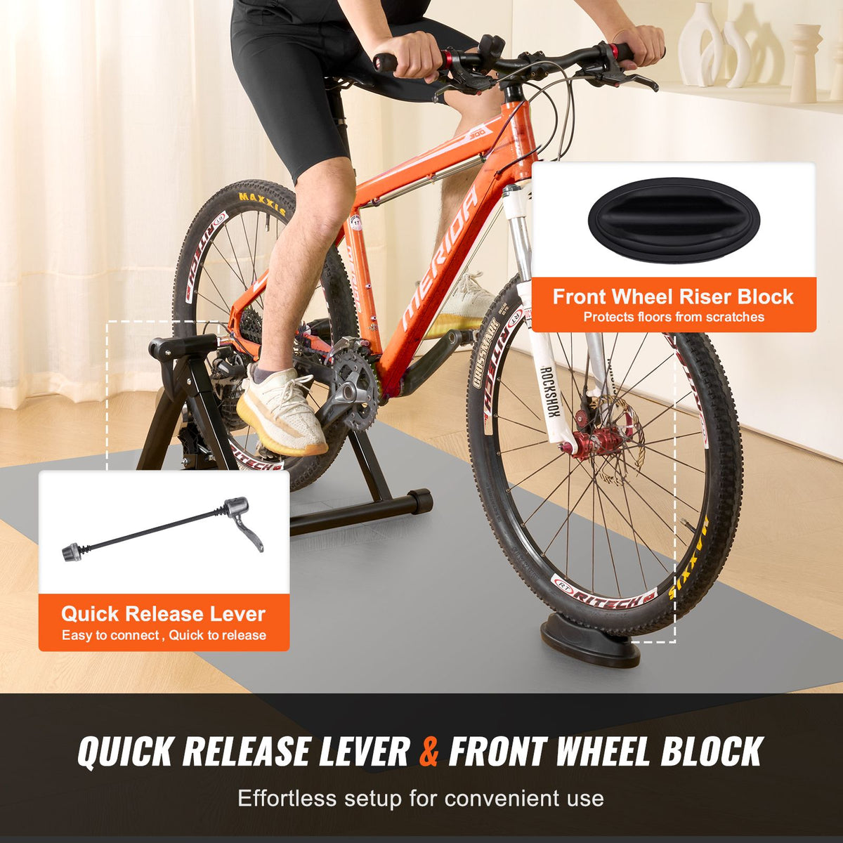 Bike Trainer Stand, Fluid Stationary Bike Stand for 26"-29" Wheels, Noise Reduction Fluid Flywheel, Portable Cycling Stand for Indoor Riding Exercise, with Quick-Release Lever & Front Wheel Rise
